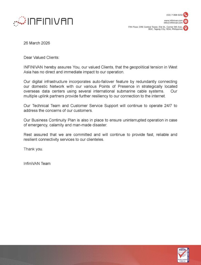Letter from InfiniVAN addressing the public that they will maintain secure operations amidst middle-east tensions